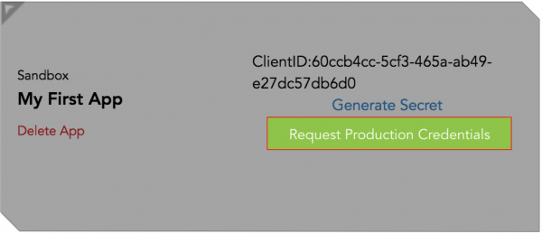 Request Production Credentials button on App Card
